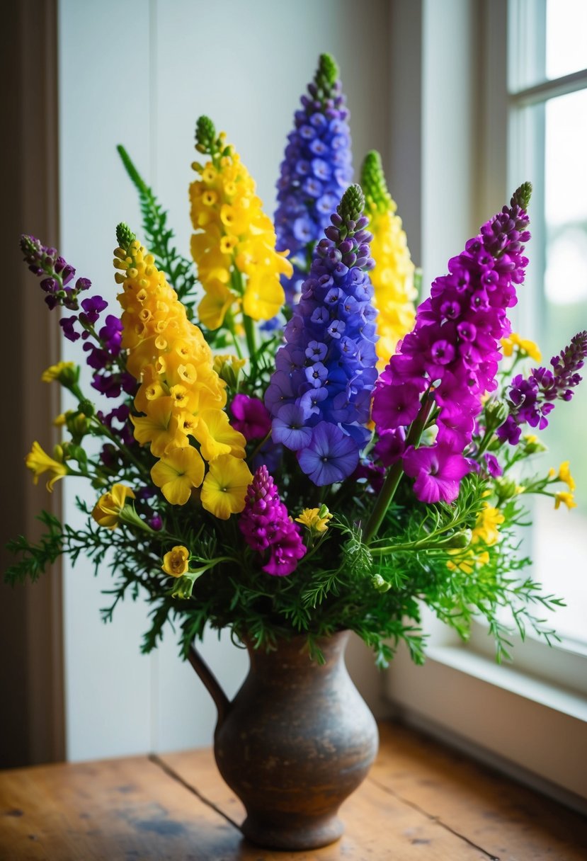 A vibrant bouquet of textured snapdragons and other June flowers arranged in a rustic vase, with soft natural light filtering through a nearby window