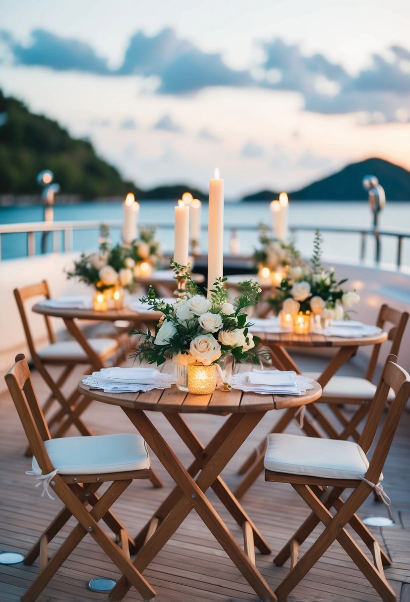 Several tiny fold-up tables adorned with elegant floral arrangements and delicate candles, set up on the deck of a luxurious yacht for a romantic wedding celebration