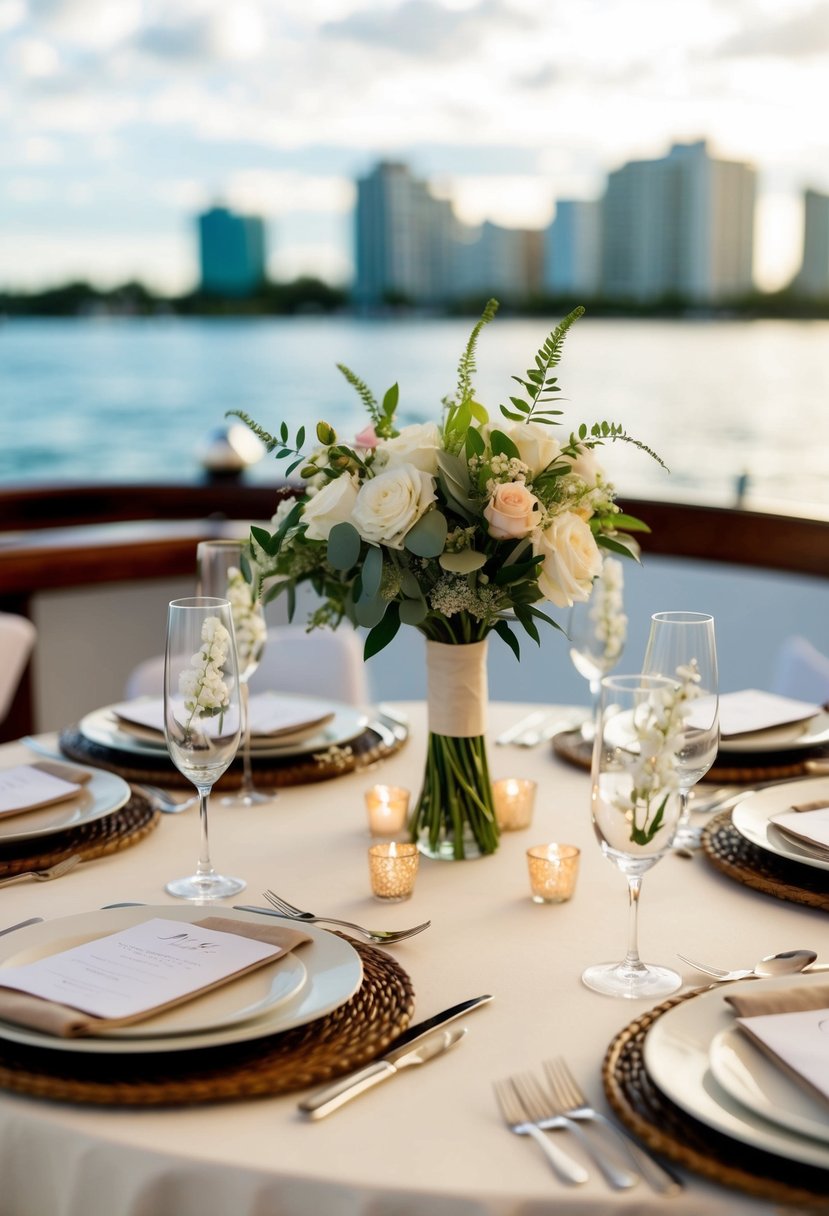 A table adorned with handcrafted boutonnieres in a yacht wedding setting