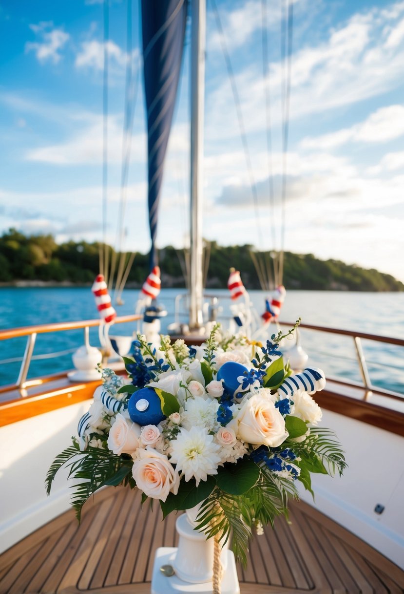 A yacht deck adorned with marine-themed bouquets and nautical decor for a wedding celebration