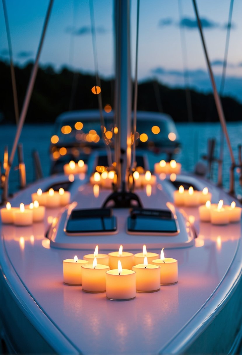 Tealight candles encircle sailboats on a serene wedding yacht