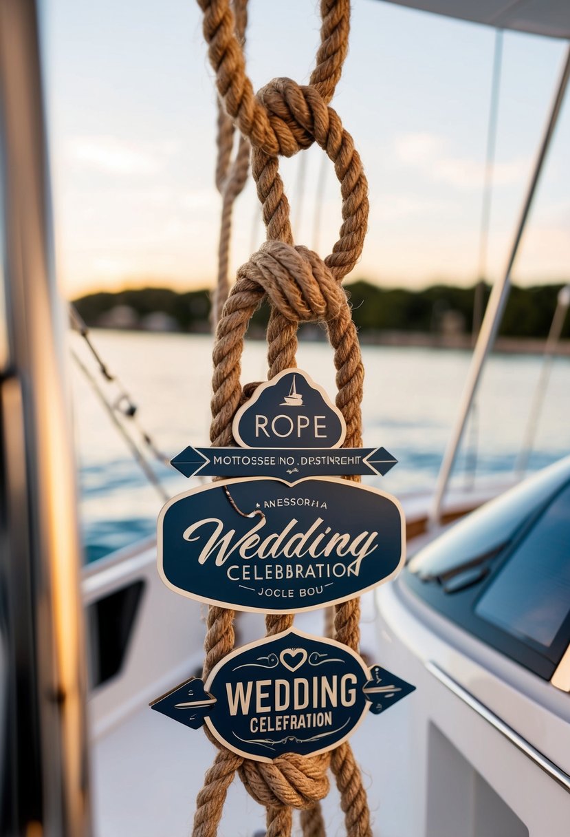 Rope accents intertwine with nautical elements on a yacht, adorning onboard signage for a wedding celebration