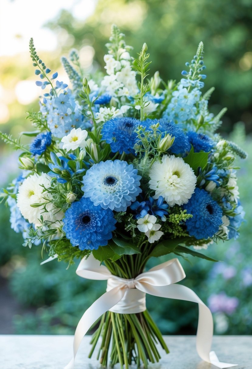 A vibrant bouquet of Love-in-a-Mist june flowers in various shades of blue and white, accented with delicate greenery and tied with a satin ribbon