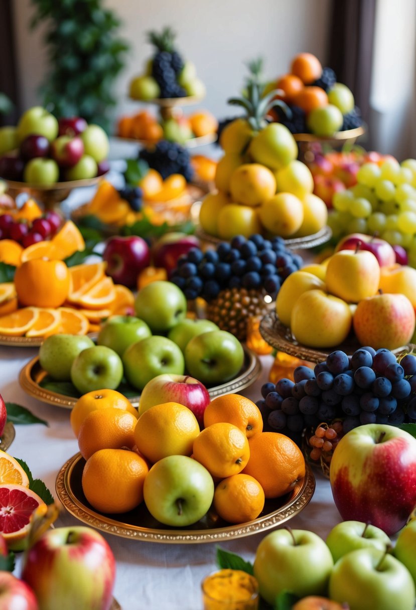 A table adorned with a variety of fresh fruits, including apples, grapes, and citrus, arranged in decorative displays and centerpieces