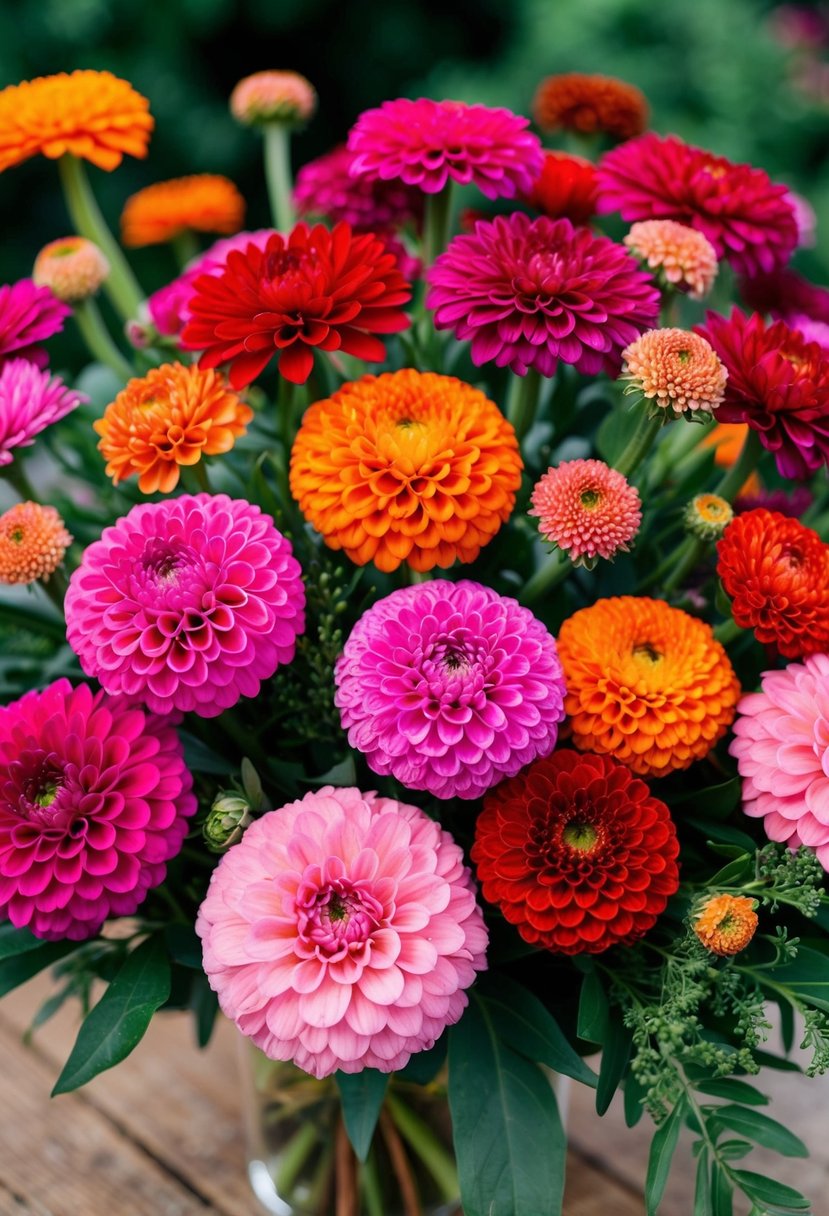 Vibrant zinnias in various shades of pink, red, and orange arranged in a lush bouquet with greenery, perfect for a June wedding