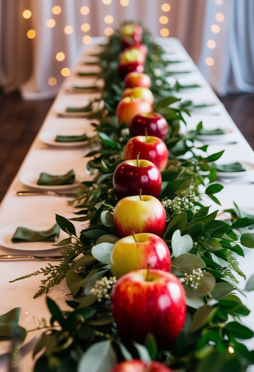 A garland of crisp red apples intertwined with lush greenery, adorning a wedding reception table