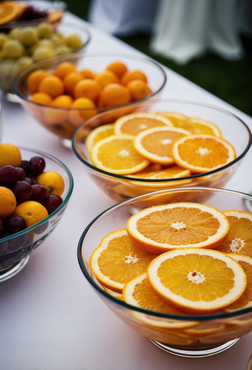 Slices of citrus fruits arranged in clear bowls on a wedding reception table