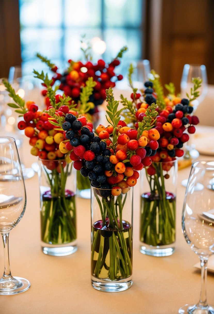 A table adorned with glass vases filled with vibrant berries, creating a colorful and elegant wedding centerpiece