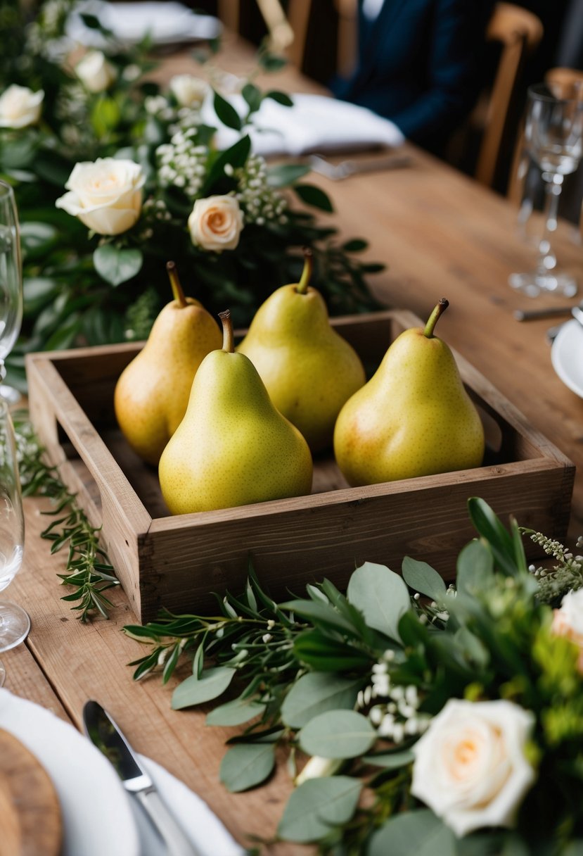 A rustic wooden tray holds ripe pears, nestled among greenery and flowers, creating a charming wedding table decoration