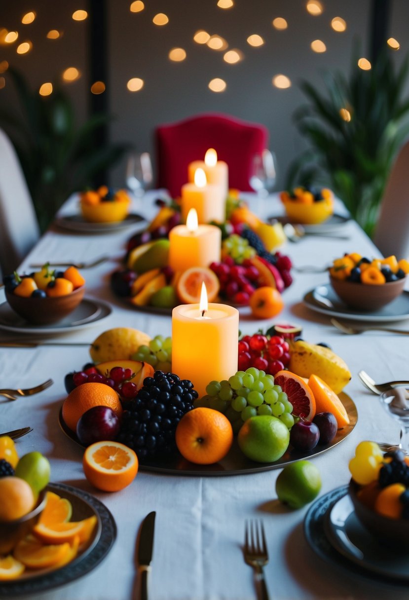 A table adorned with a variety of vibrant mixed fruits arranged around a flickering candle centerpiece