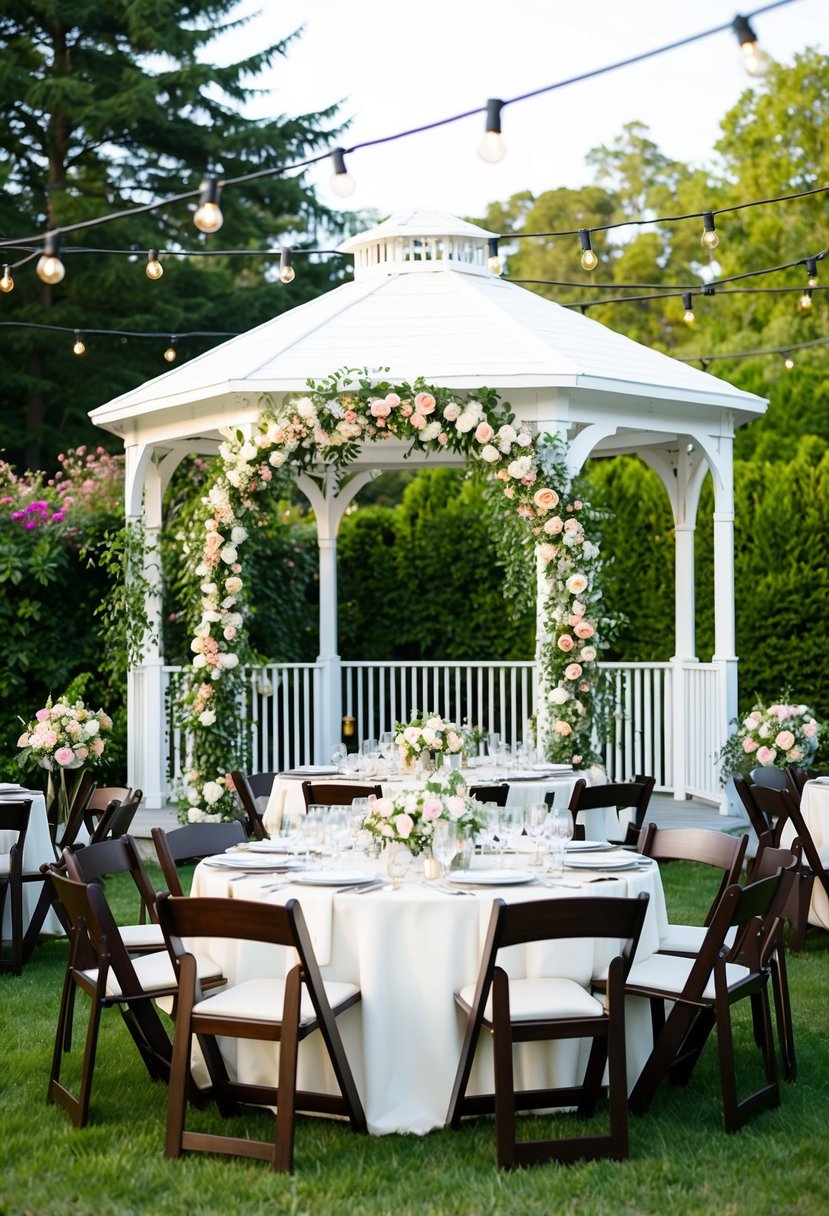 A backyard wedding with a white gazebo, floral arch, and string lights. Tables set with elegant place settings, surrounded by lush greenery and blooming flowers