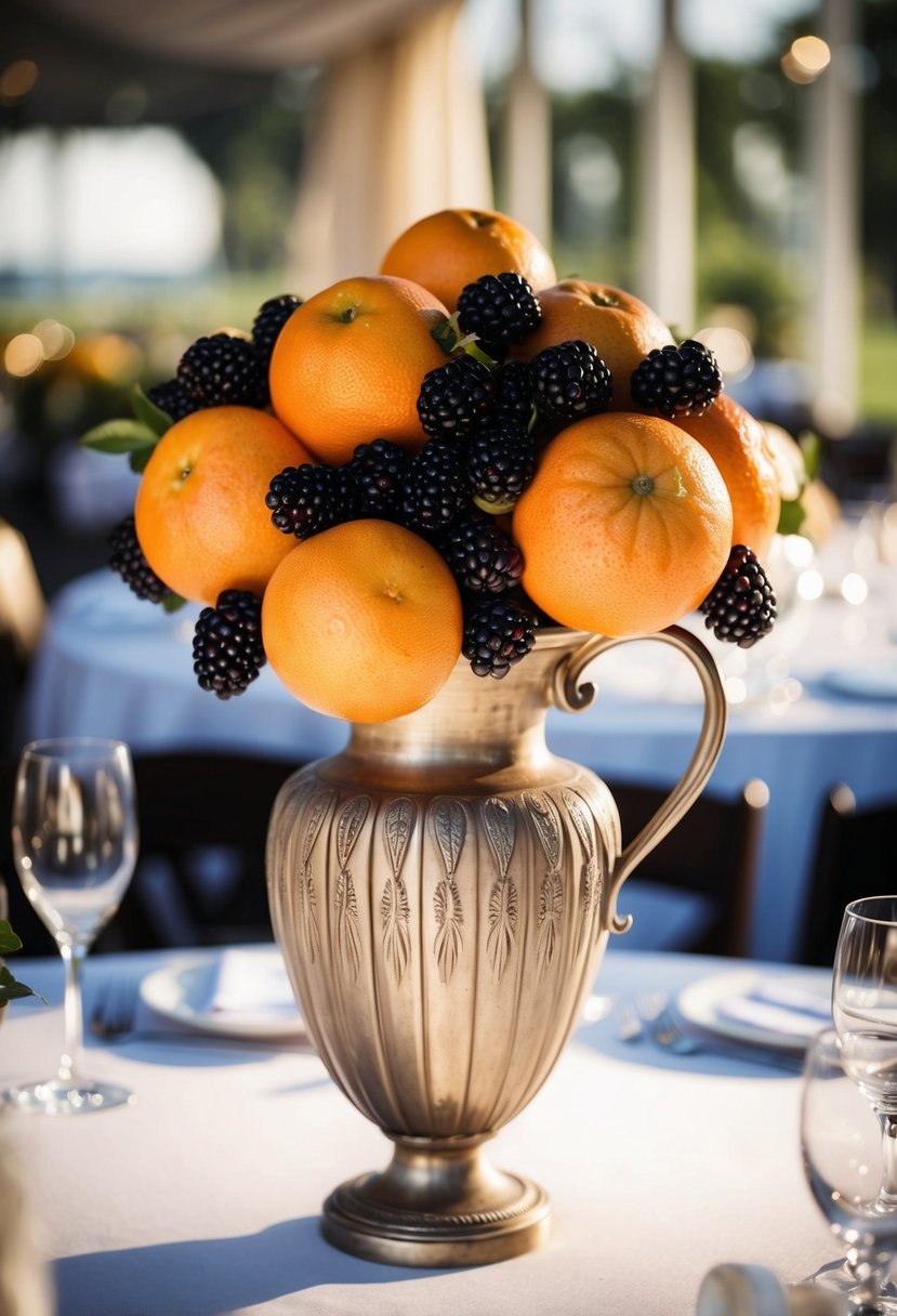 A vintage vase filled with grapefruit and blackberries sits as a centerpiece on a wedding table