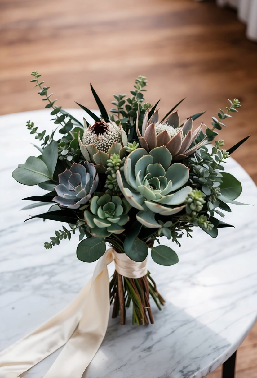 A modern wedding bouquet featuring succulents, protea, and eucalyptus, tied with silk ribbon, resting on a marble tabletop