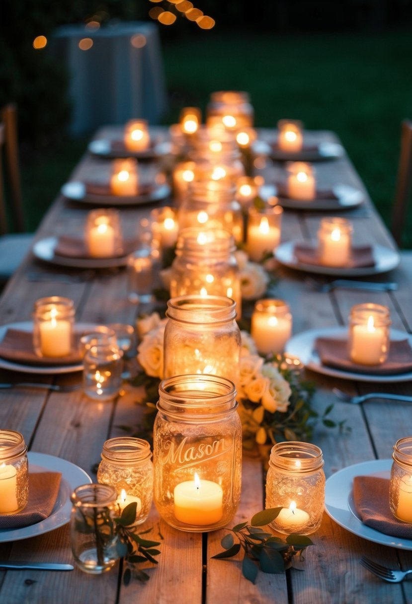 Mason jars filled with flickering candles illuminate an intimate backyard wedding, casting a warm glow over the rustic wooden tables and delicate floral centerpieces