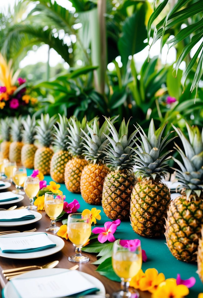 A table adorned with vibrant pineapple centerpieces surrounded by lush tropical foliage and colorful blooms