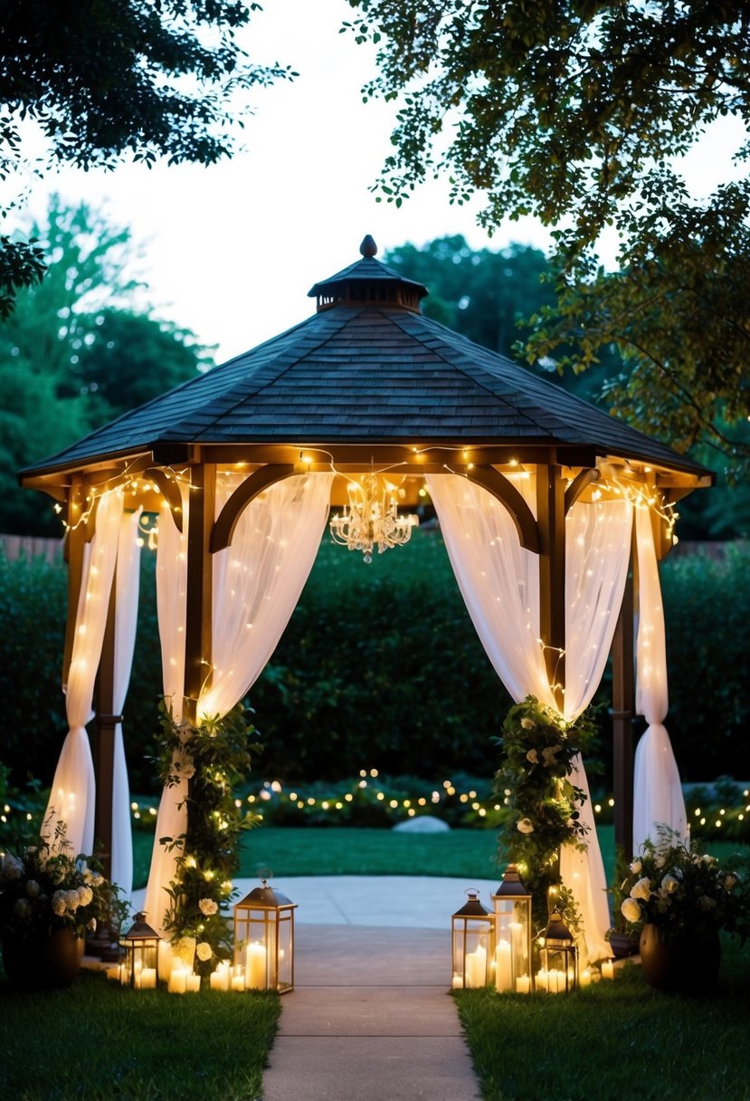 Fairy lights draped around a backyard gazebo, casting a warm glow over an intimate wedding setup with twinkling lights and lush greenery