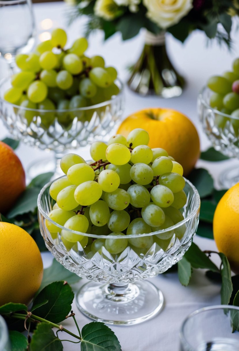 Crystal bowls filled with green grapes arranged on a wedding reception table, surrounded by other fruit and floral decorations