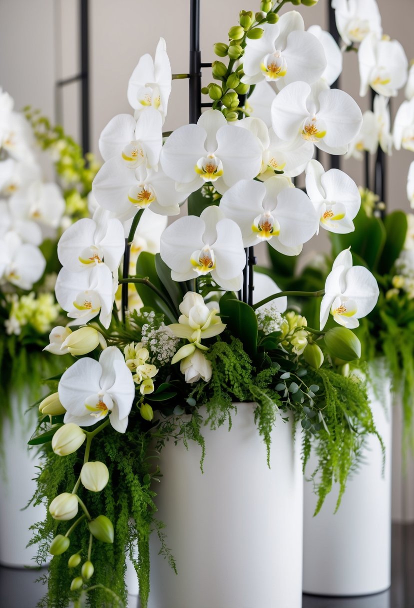 A lush arrangement of cascading white orchids, accented with greenery and delicate blooms, held in a modern, minimalist vase