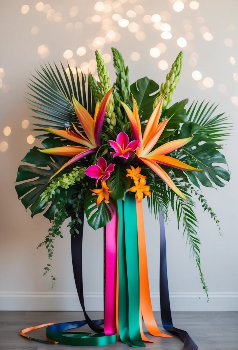 Vibrant, oversized tropical blooms arranged in a modern, asymmetrical bouquet with lush greenery and cascading ribbons