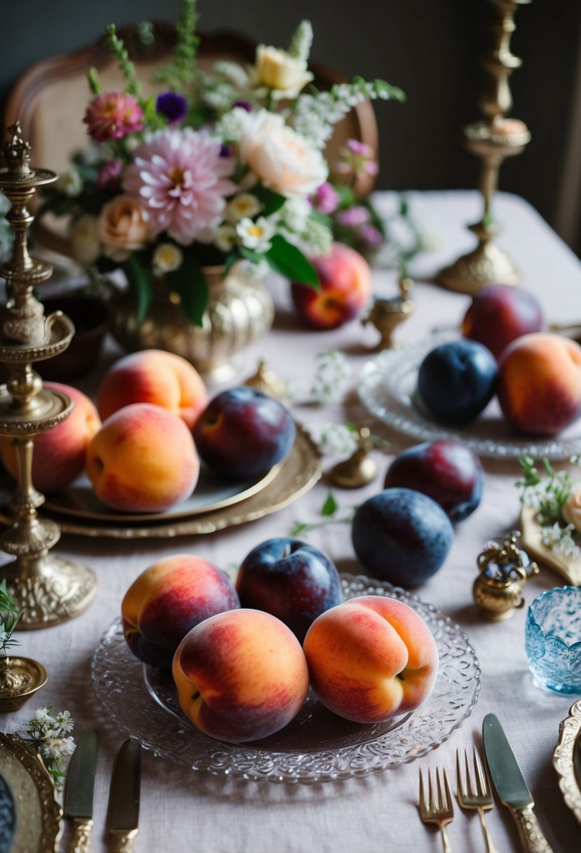 A table adorned with ripe peaches and plums, scattered with antique trinkets and delicate floral arrangements