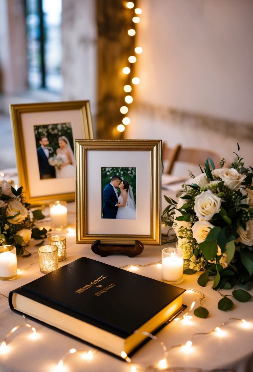 A table with framed wedding photos, a bouquet, and a guest book, surrounded by twinkling fairy lights and candles