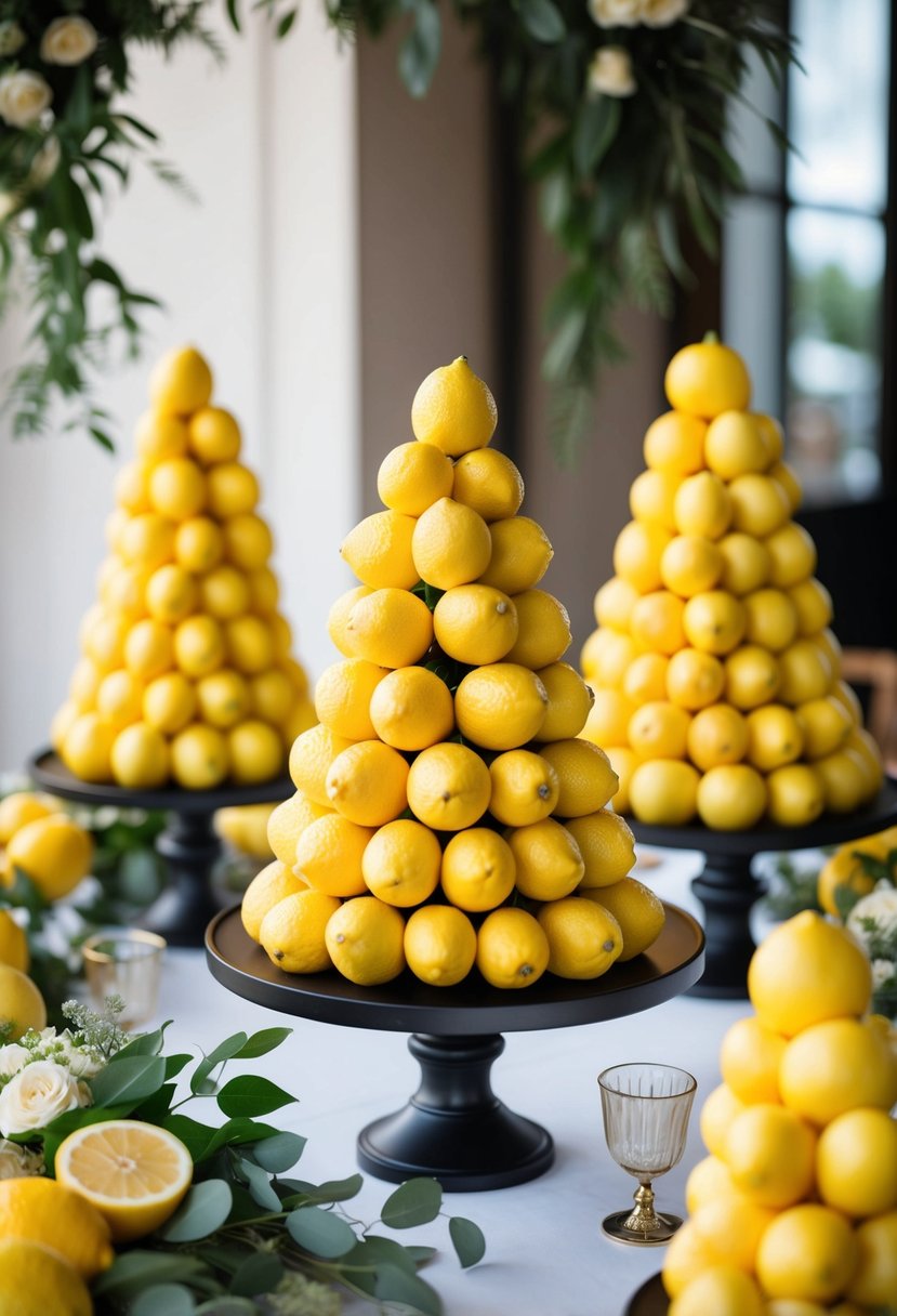 Lemon topiary cones arranged on a wedding table, surrounded by fresh fruit and greenery