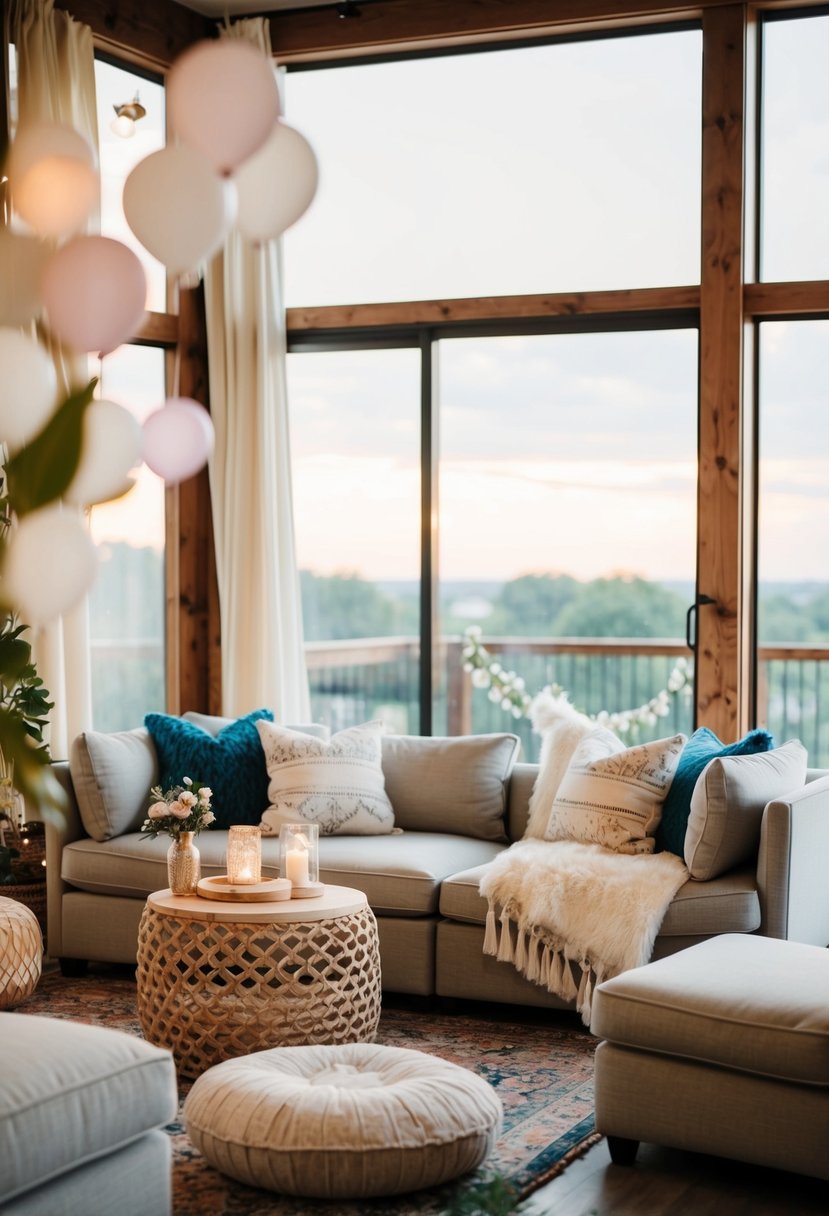 A cozy lounge area with boho pillows and wedding decor, set up at home