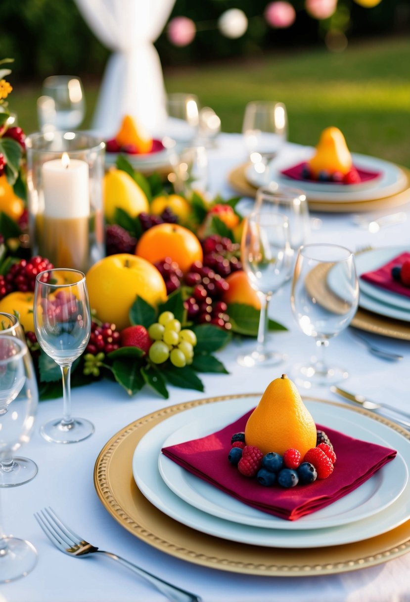 A wedding table adorned with berry accents and napkins, creating a colorful and festive fruit-themed decoration