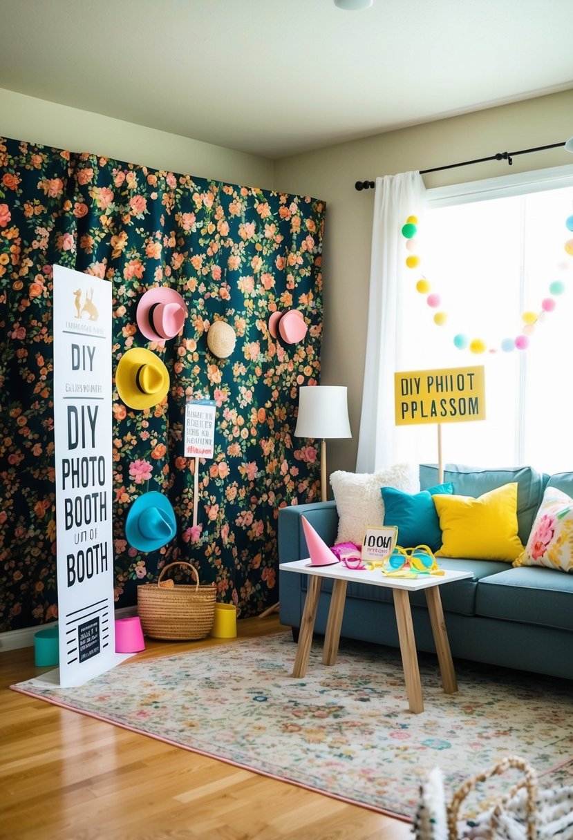 A cozy living room with a DIY photo booth set up against a floral backdrop. Colorful props like hats, glasses, and signs are scattered around