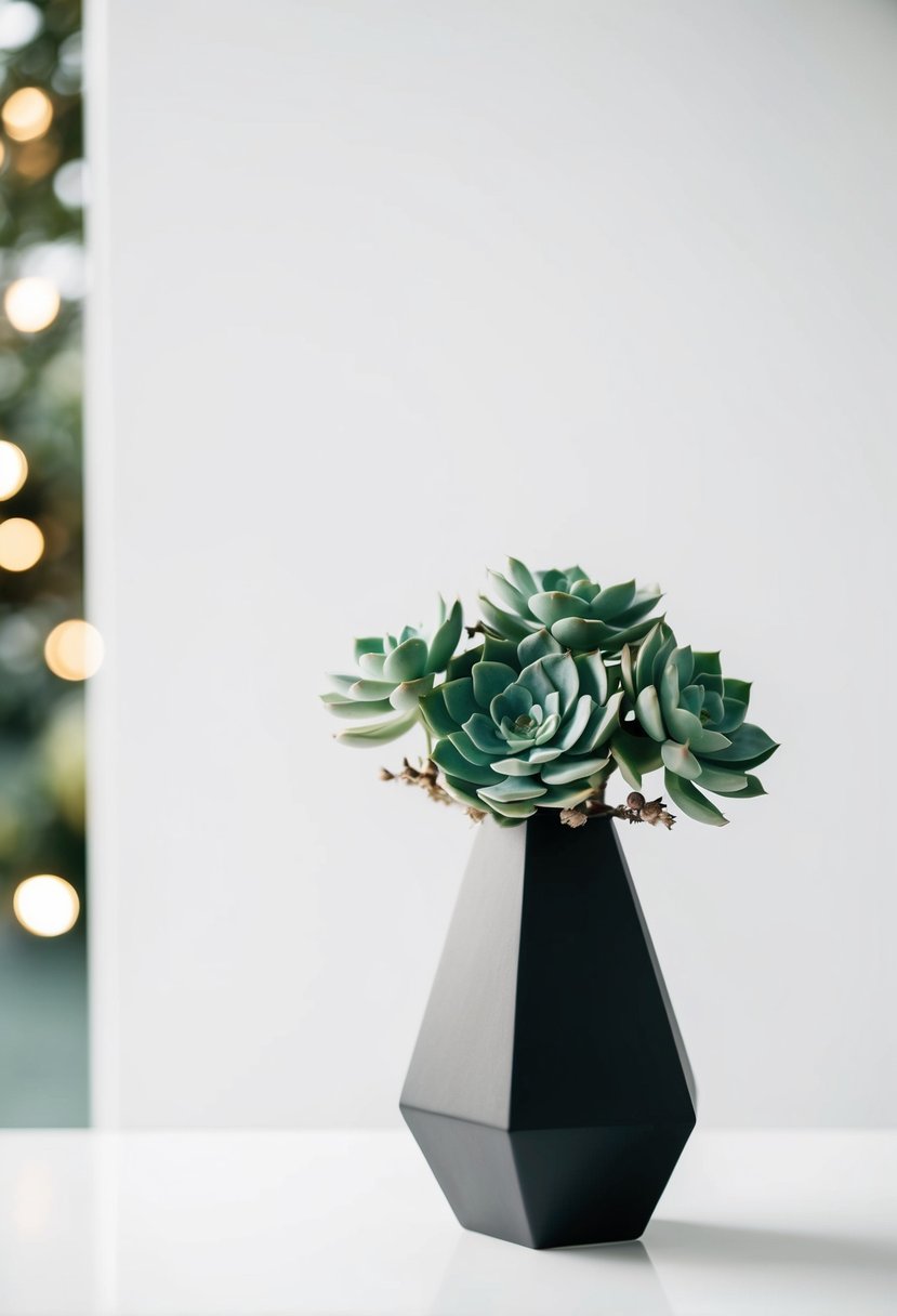 A sleek, minimalist succulent arrangement in a geometric vase, set against a clean, white background