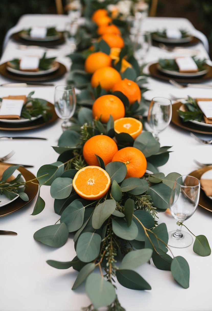 A garland of oranges and eucalyptus adorns a wedding table, adding a fresh and natural touch to the decor