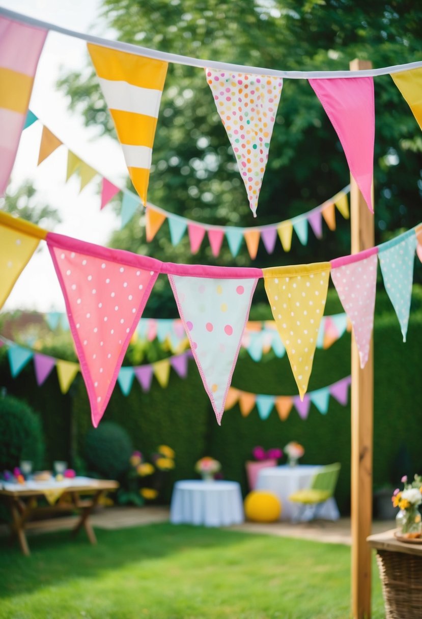 Colorful bunting and banners adorn a backyard, fluttering in the breeze, creating a festive atmosphere for a wedding celebration at home