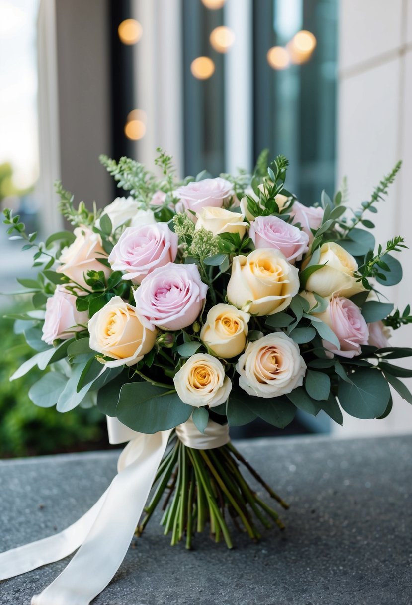 A lush bouquet of garden roses in soft pastel hues, accented with modern greenery and tied with delicate ribbon