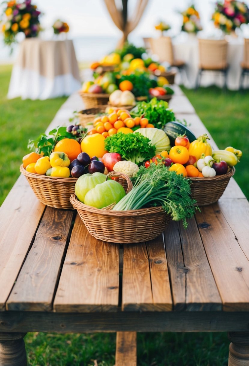 A rustic wooden table adorned with overflowing baskets of colorful fruits and vegetables, creating a vibrant and bountiful wedding table centerpiece