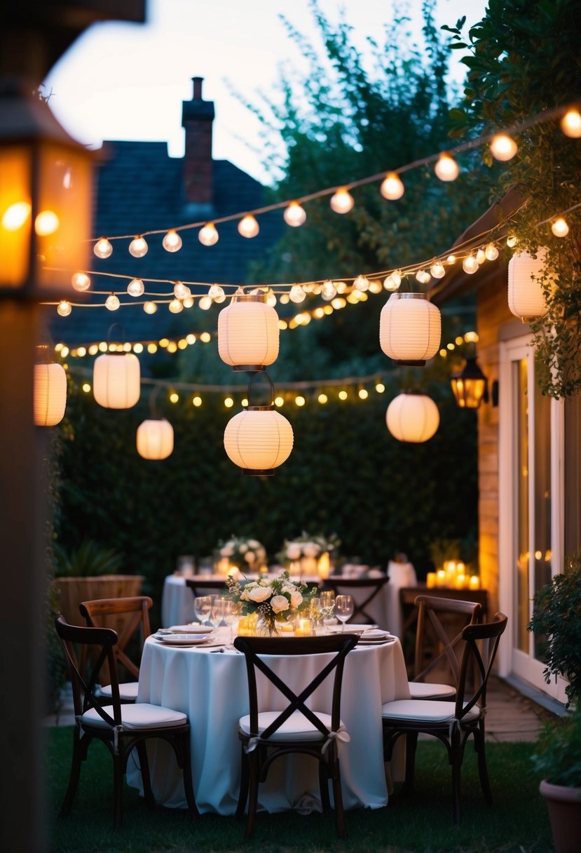 A cozy backyard adorned with hanging lanterns, casting a warm and elegant glow over a small wedding gathering at home