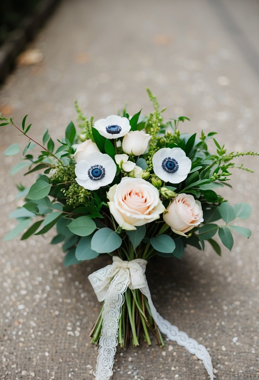 A vintage-inspired bouquet of anemones, roses, and greenery tied with lace ribbon