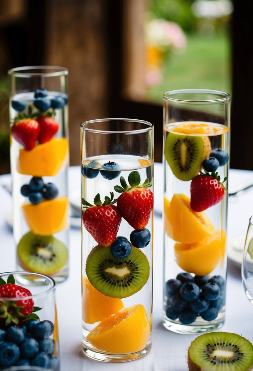 Various fruits, such as strawberries, blueberries, and kiwis, float in glass cylinders filled with water, serving as elegant wedding table decorations