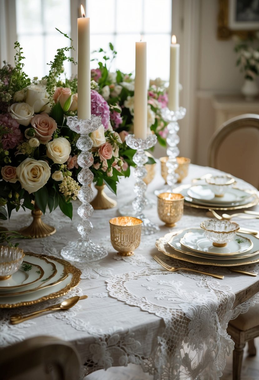 A vintage lace tablecloth adorned with crystal candle holders, surrounded by opulent floral arrangements and gold-trimmed china on a rustic wooden dining table