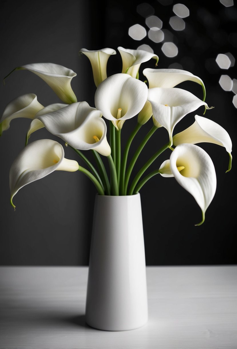 A sleek, monochromatic bouquet of calla lilies in a modern, minimalist vase