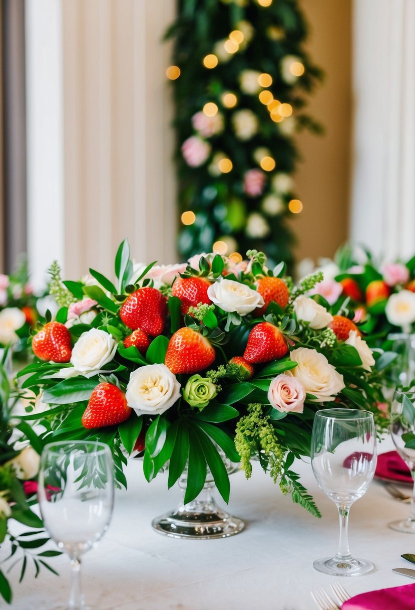 A table adorned with lush floral arrangements and vibrant strawberries, creating an elegant and refreshing wedding centerpiece