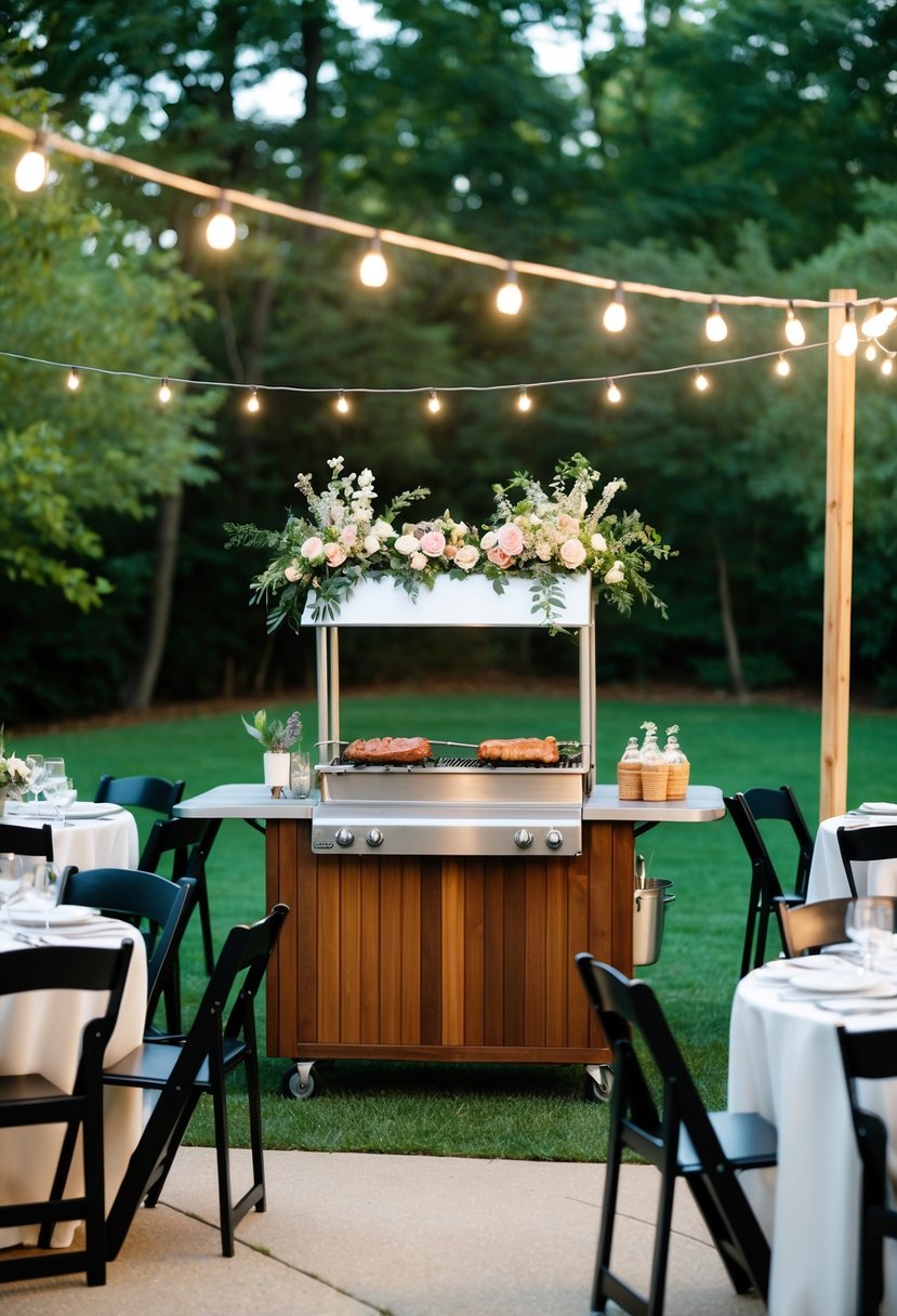 A backyard wedding with a BBQ catering station, adorned with string lights and floral arrangements, surrounded by tables and chairs for guests