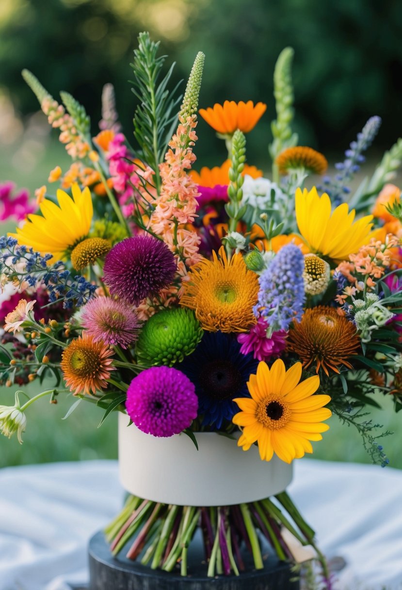 A vibrant, mixed bouquet of wildflowers in a modern, asymmetrical arrangement, with pops of color and varying textures