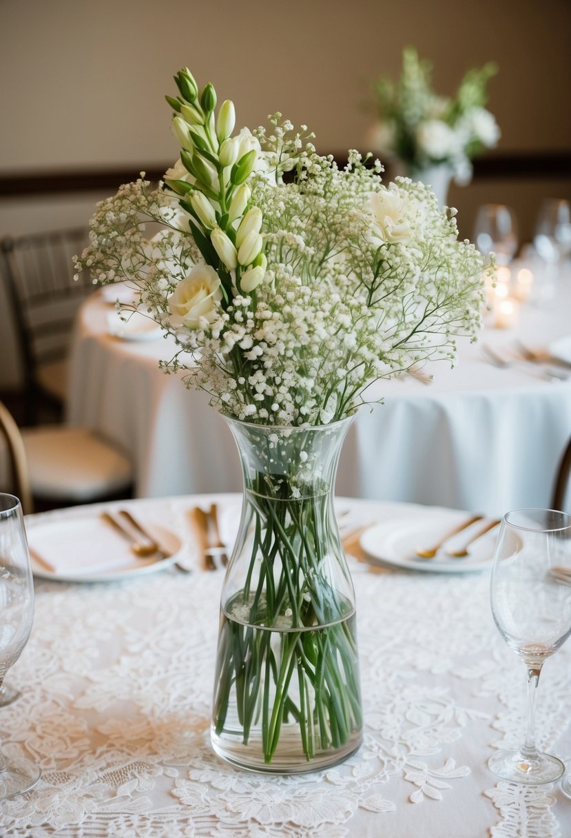 A glass vase filled with fresh flowers and baby's breath sits on a lace-covered table, creating an elegant wedding centerpiece