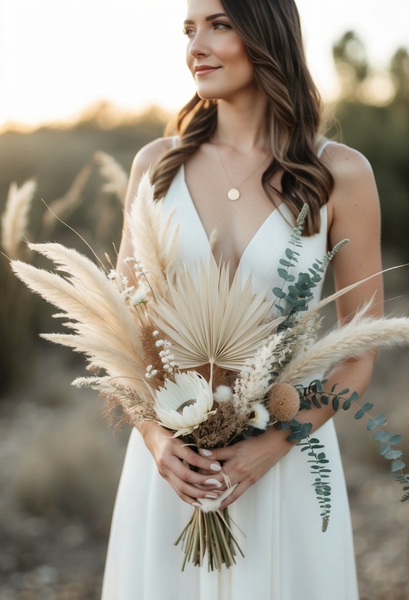 A modern wedding bouquet featuring Boho Pampas Grass and other dried flowers in a minimalist, elegant arrangement