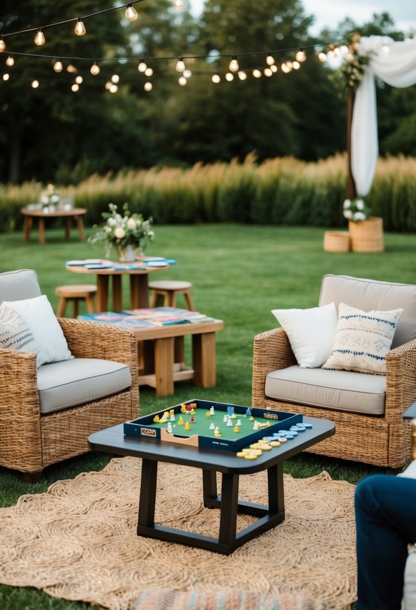 A cozy outdoor wedding setup with lawn games, a table for board games, and a seating area for guests to interact and enjoy the celebration