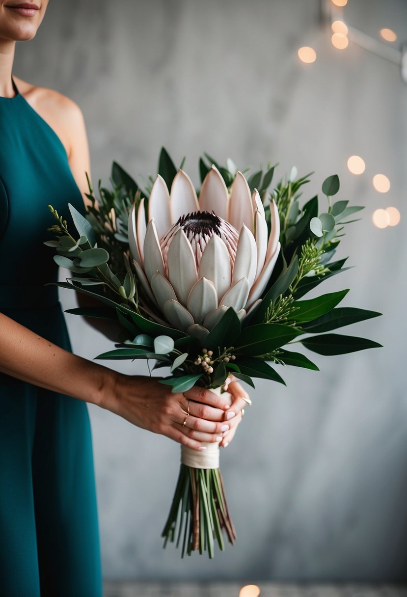 A sleek, sculptural Protea wedding bouquet with modern geometric accents and minimal foliage