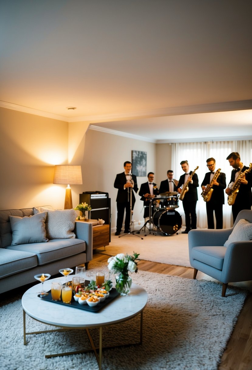 A cozy living room with soft lighting, a table adorned with drinks and appetizers, and a small band playing in the corner