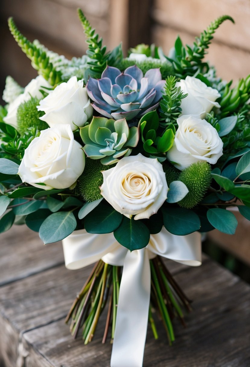 A lush bouquet of white roses, greenery, and succulents tied with a satin ribbon