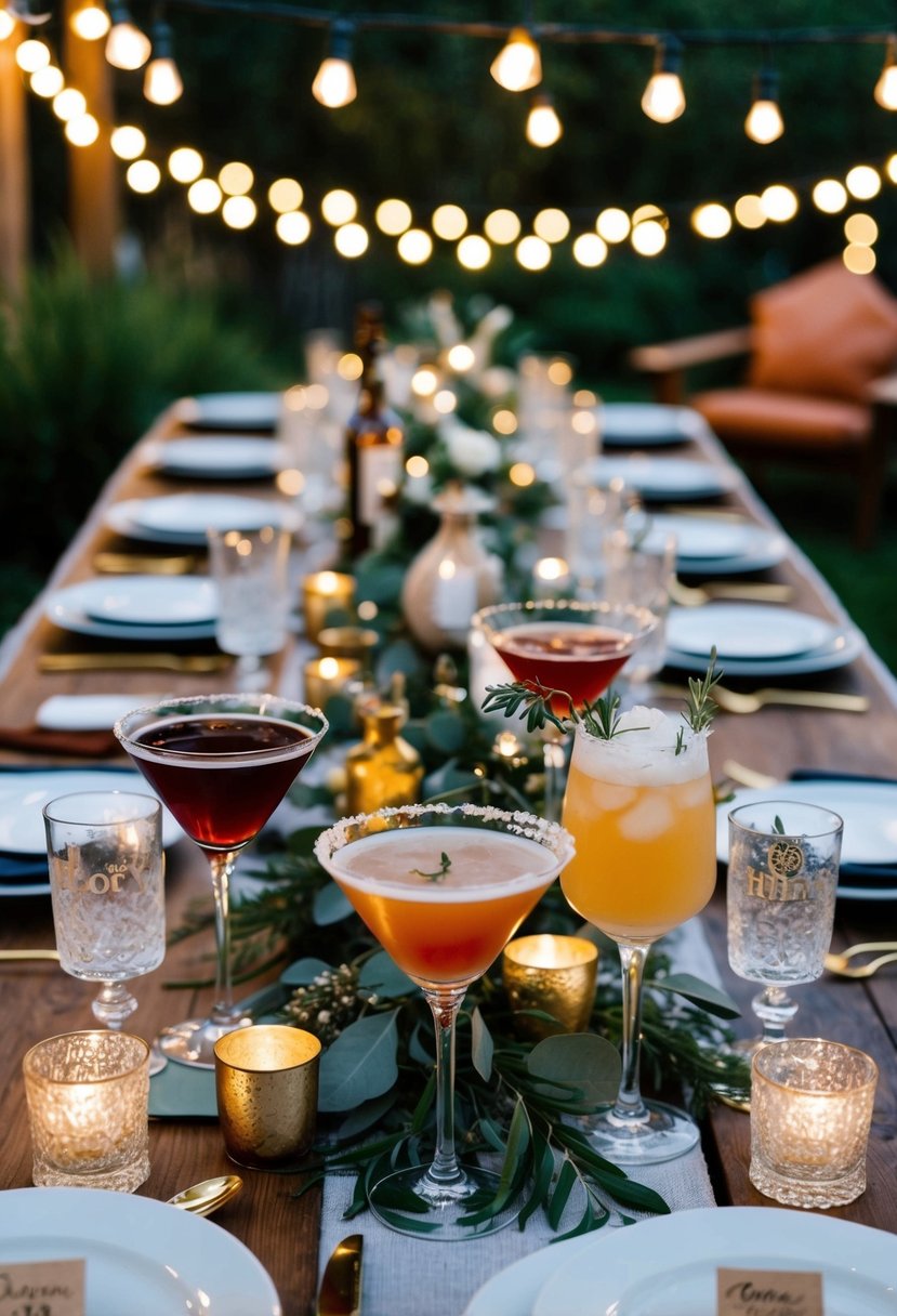 A cozy backyard wedding with a table adorned with custom cocktails in meaningful glassware, surrounded by personal mementos and twinkling lights