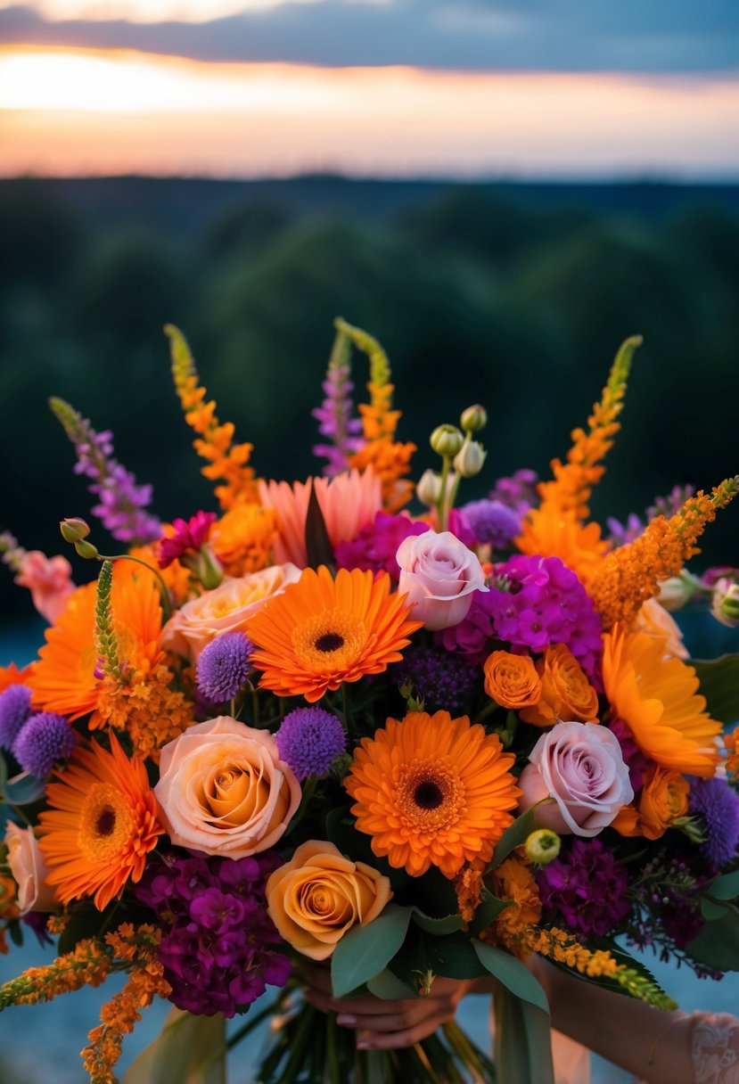 A vibrant sunset palette of flowers arranged in a modern wedding bouquet, with warm oranges, pinks, and purples set against a backdrop of deepening twilight